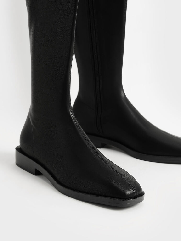 Knee High Flat Boots, Black, hi-res