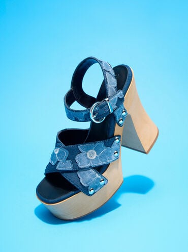Tabitha 丹寧刺繡粗跟涼鞋, 藍色, hi-res