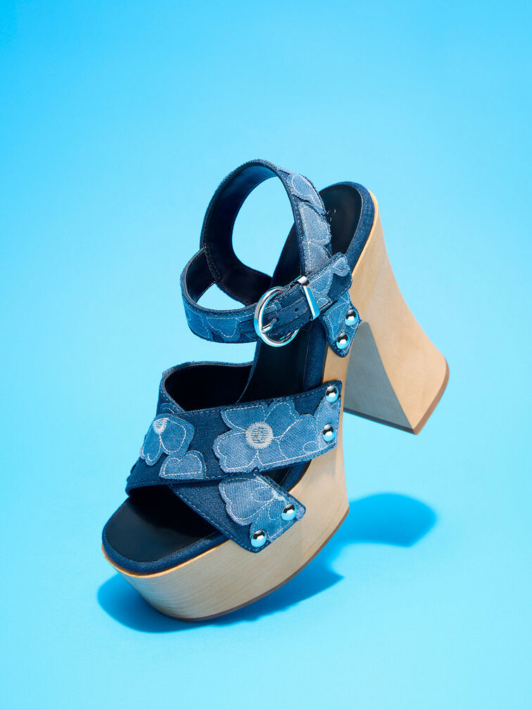 Tabitha Floral Denim Crossover Sandals, Blue, hi-res