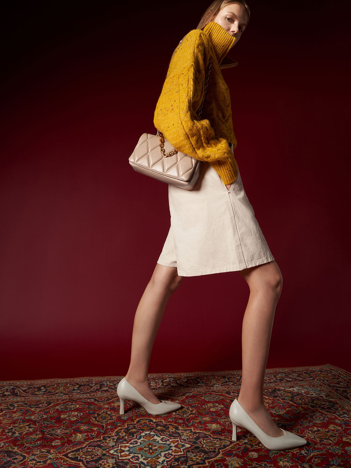 Candy Chain-Handle Quilted Bag, Beige, hi-res