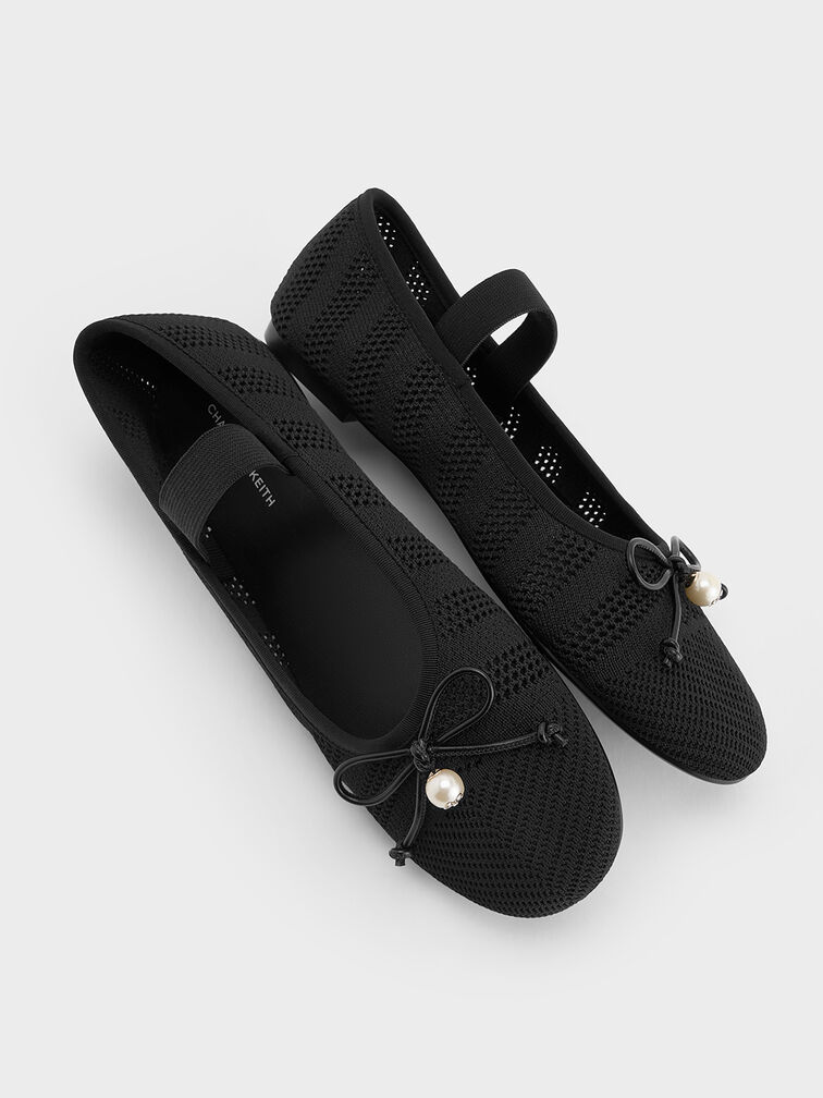 Knitted Pearl-Accent Bow Ballet Flats, Black Textured, hi-res