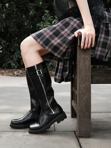 Lyndon Buckled Side-Zip Knee-High Boots, Black, hi-res