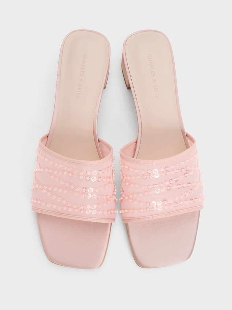 Mules de malla con lentejuelas y tacón de bloque, Nude, hi-res