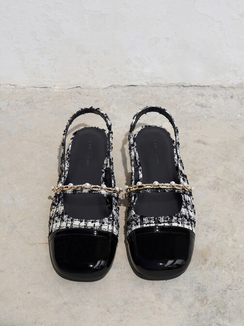 Zapatos planos destalonados de tweed con detalle de cadena y cuentas, Negro texturizado, hi-res