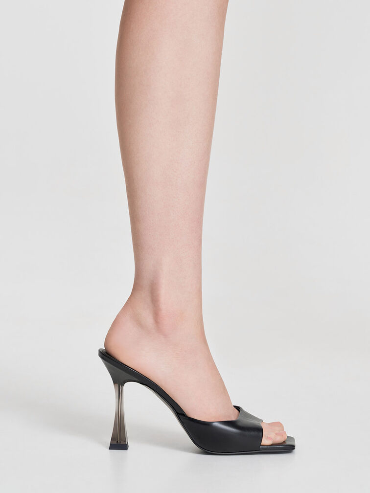 Clear Flared Heel Mules, Black, hi-res