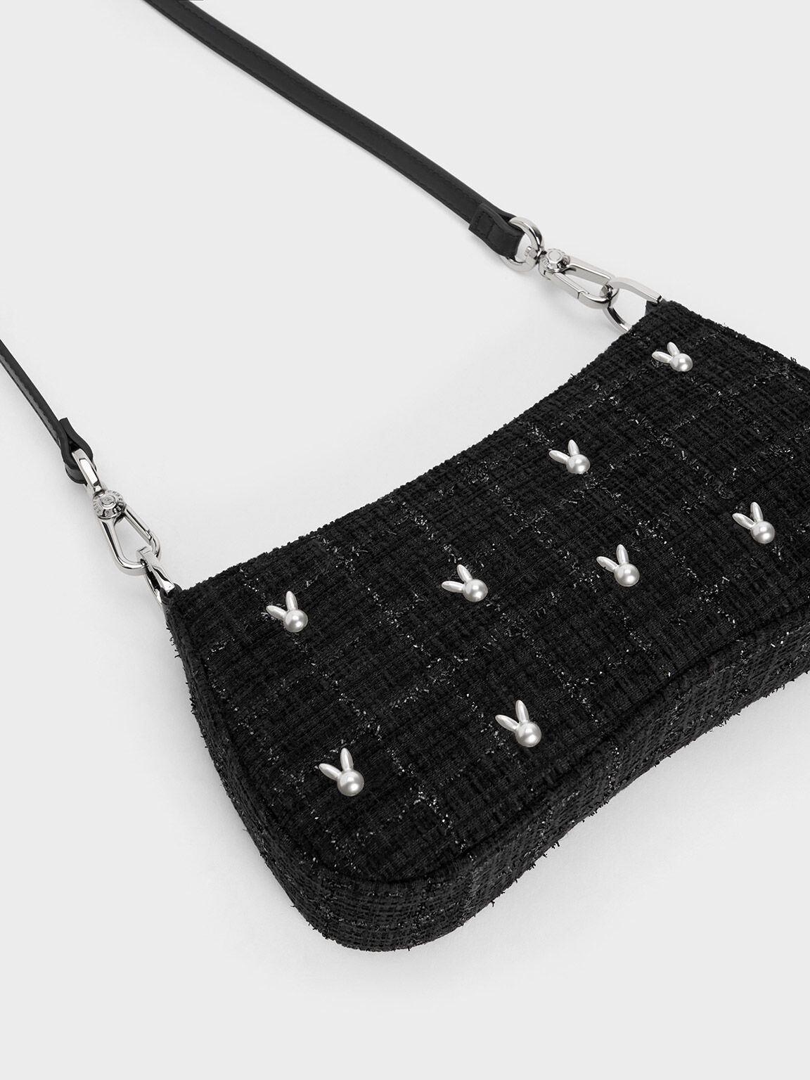 Bunny Tweed Shoulder Bag, Black, hi-res