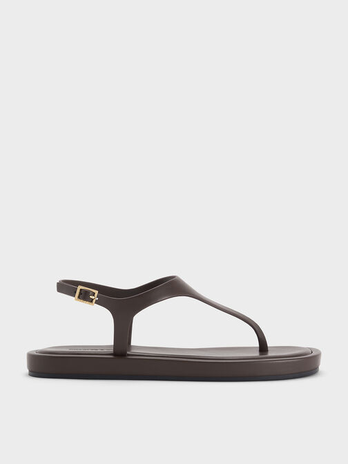Buckled Slingback Thong Sandals, Dark Brown, hi-res