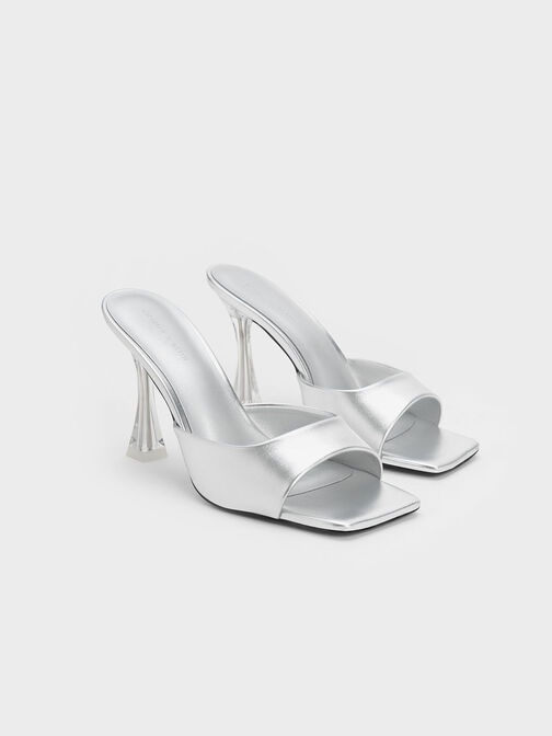 Clear Flared Heel Metallic Mules, Silver, hi-res