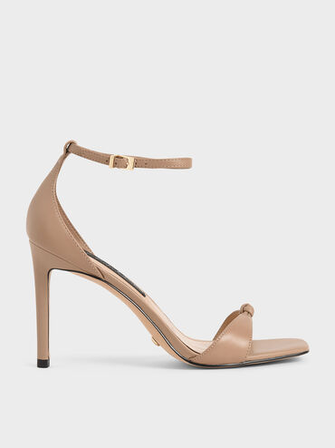 Leather Knot Detail Heeled Sandals, Nude, hi-res