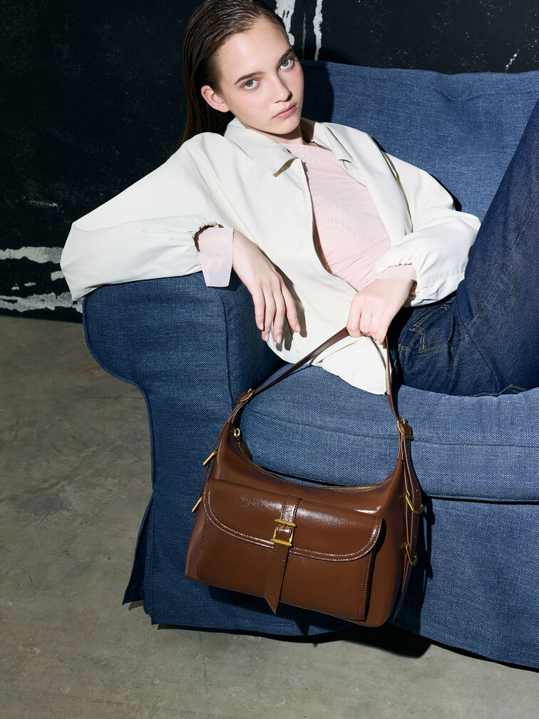 Bryna Belted Hobo Bag, Dark Brown, hi-res