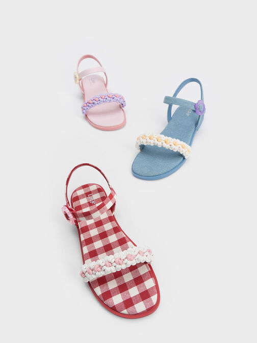 Girls' Floral Gingham Sandals, Red, hi-res