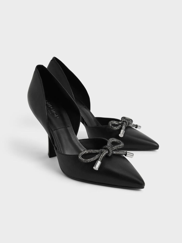 Gem-Embellished Bow-Tie D'Orsay Pumps, Black, hi-res