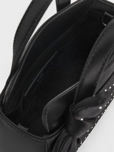 Satin Studded Knot-Bow Mini Bag, Noir Studded Satin, hi-res