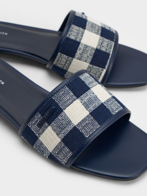 Woven Gingham Flat Sandals, Dark Blue, hi-res