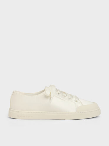 Satin Lace-Up Sneakers, White, hi-res