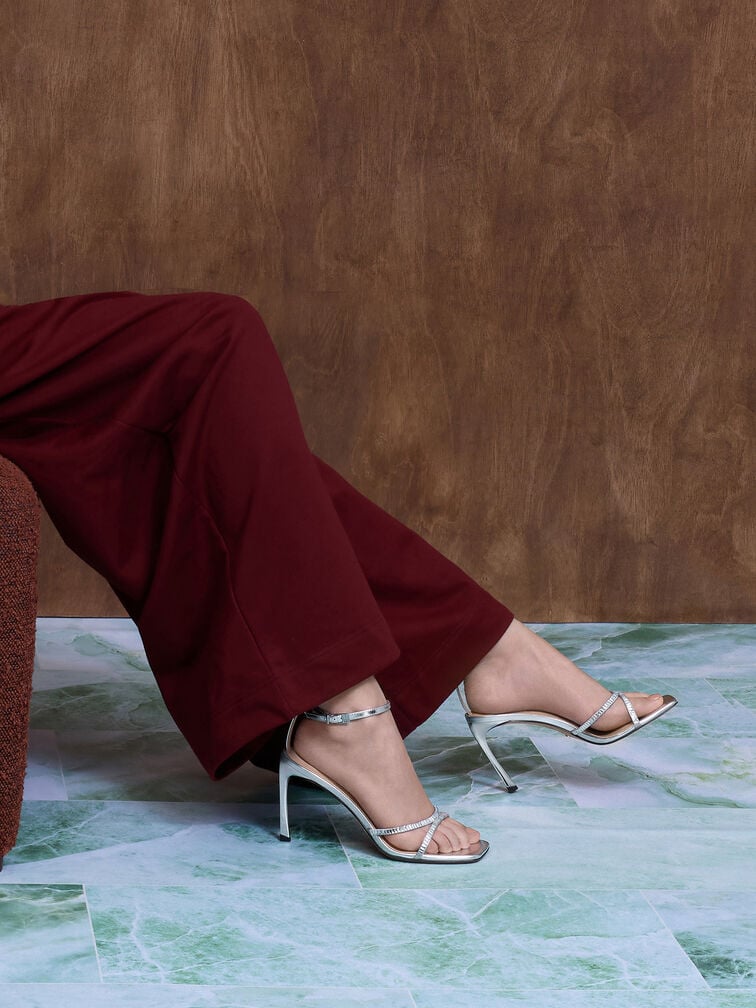 水晶帶真皮細跟涼鞋, 銀色, hi-res