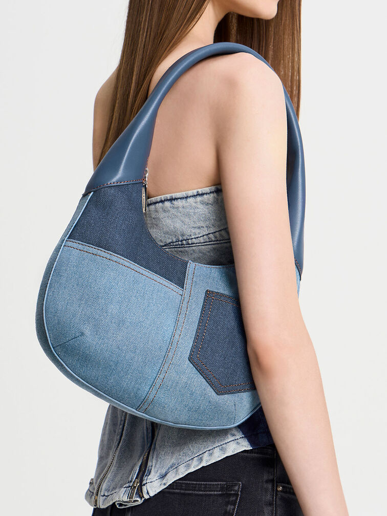 Small Hobo Bag Plaid Pattern Contrast Binding Design Denim Bag