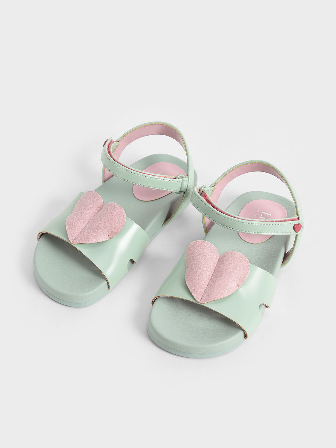 Girls' Heart-Motif Ankle Strap Sandals, Light Green, hi-res