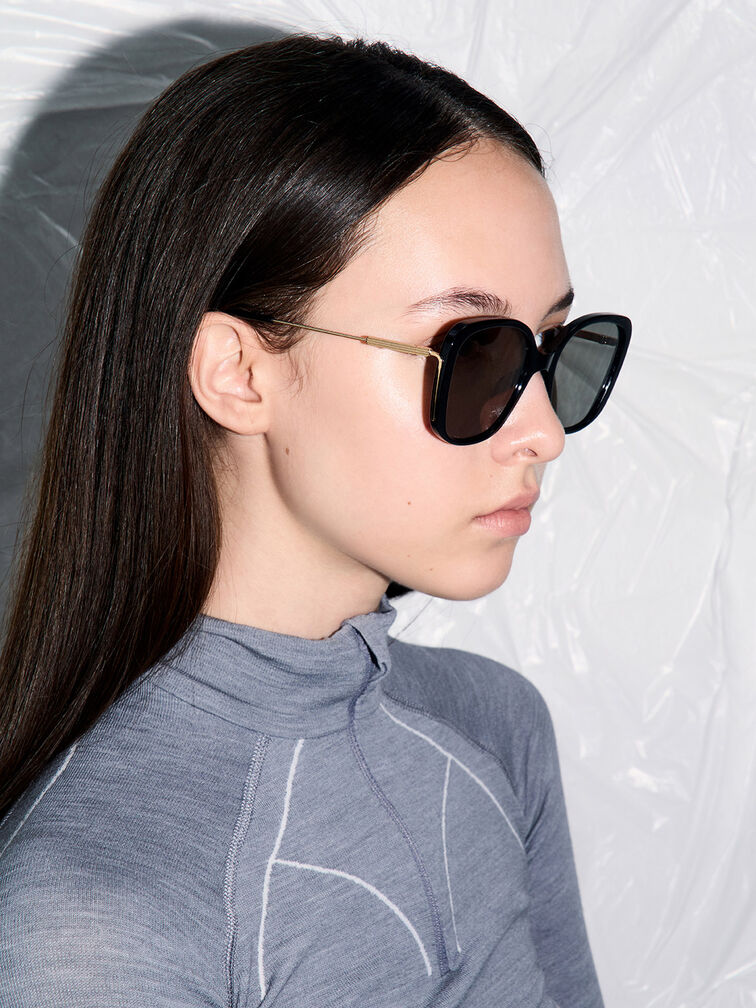 Óculos de sol borboleta de acetato reciclado Renee, Preto, hi-res