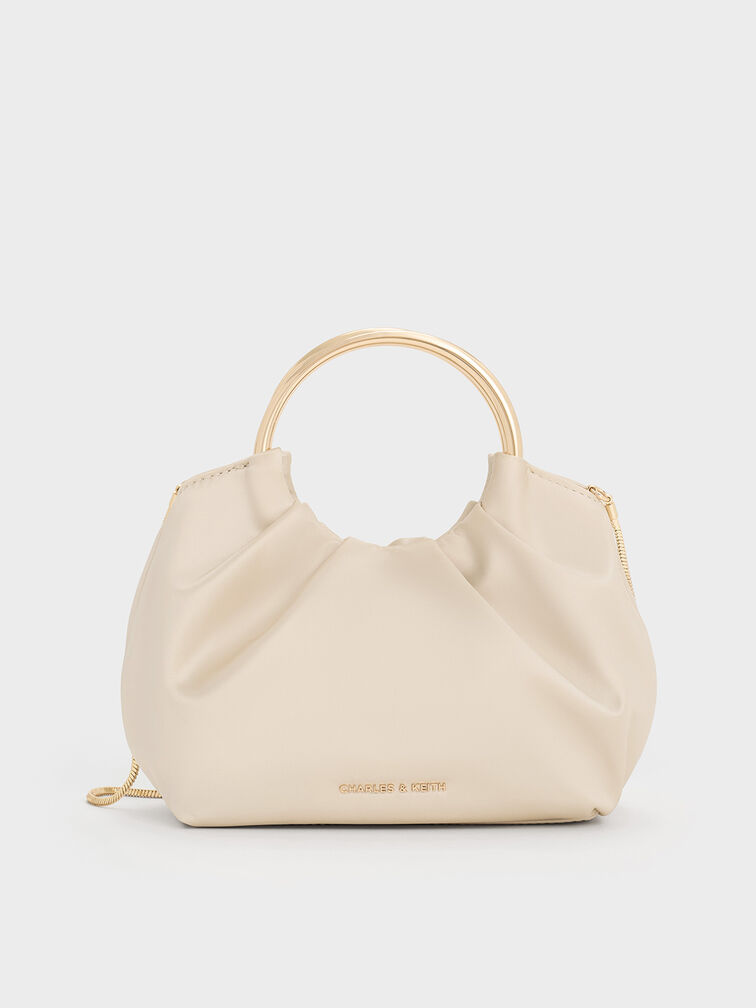 Satin Ruched Ring-Handle Bag, Light Gold, hi-res