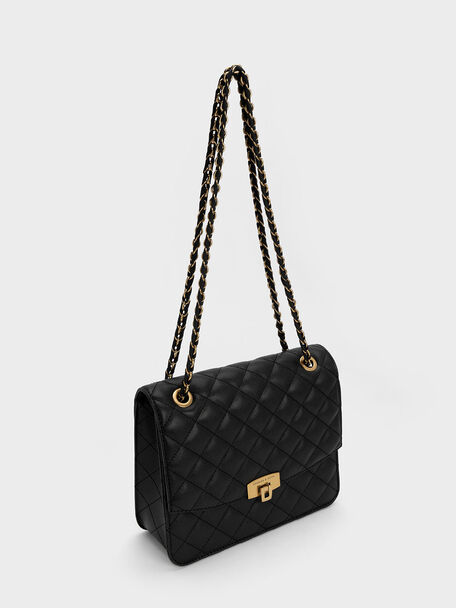 Quilted Chain Strap Bag, Black, hi-res