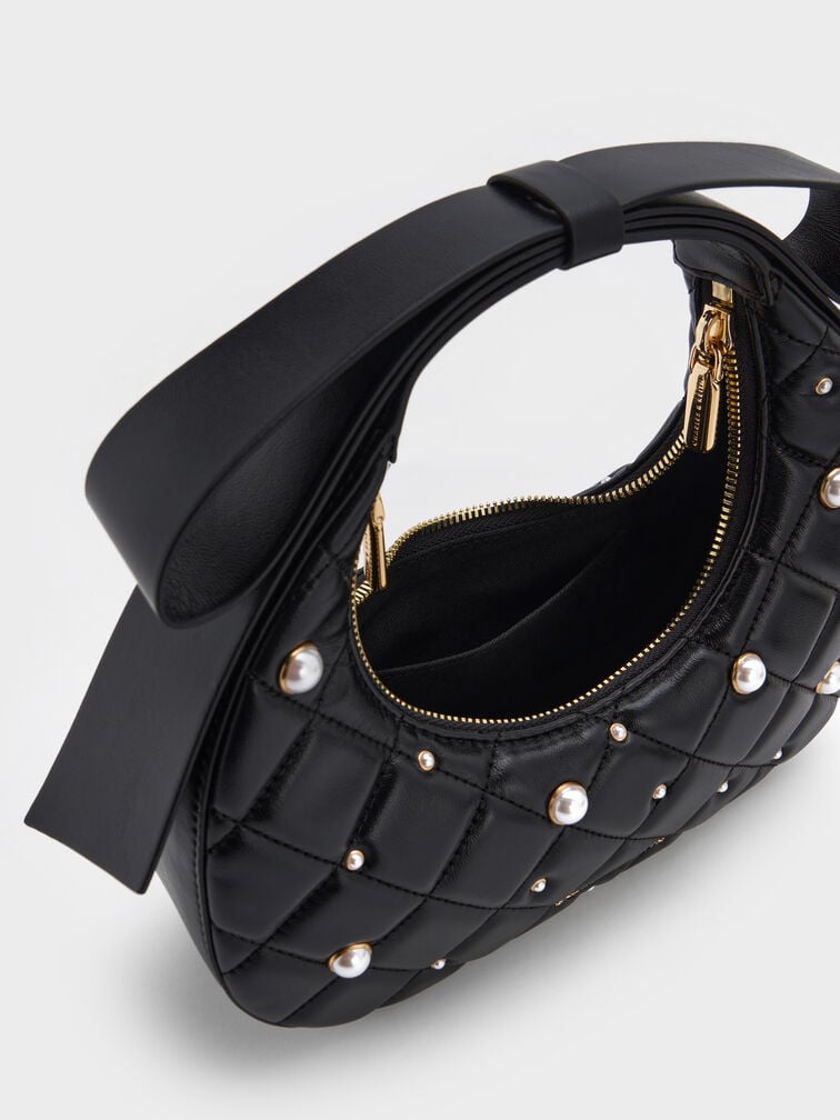 Janie Quilted Pearl Bow-Handle Bag, Black, hi-res