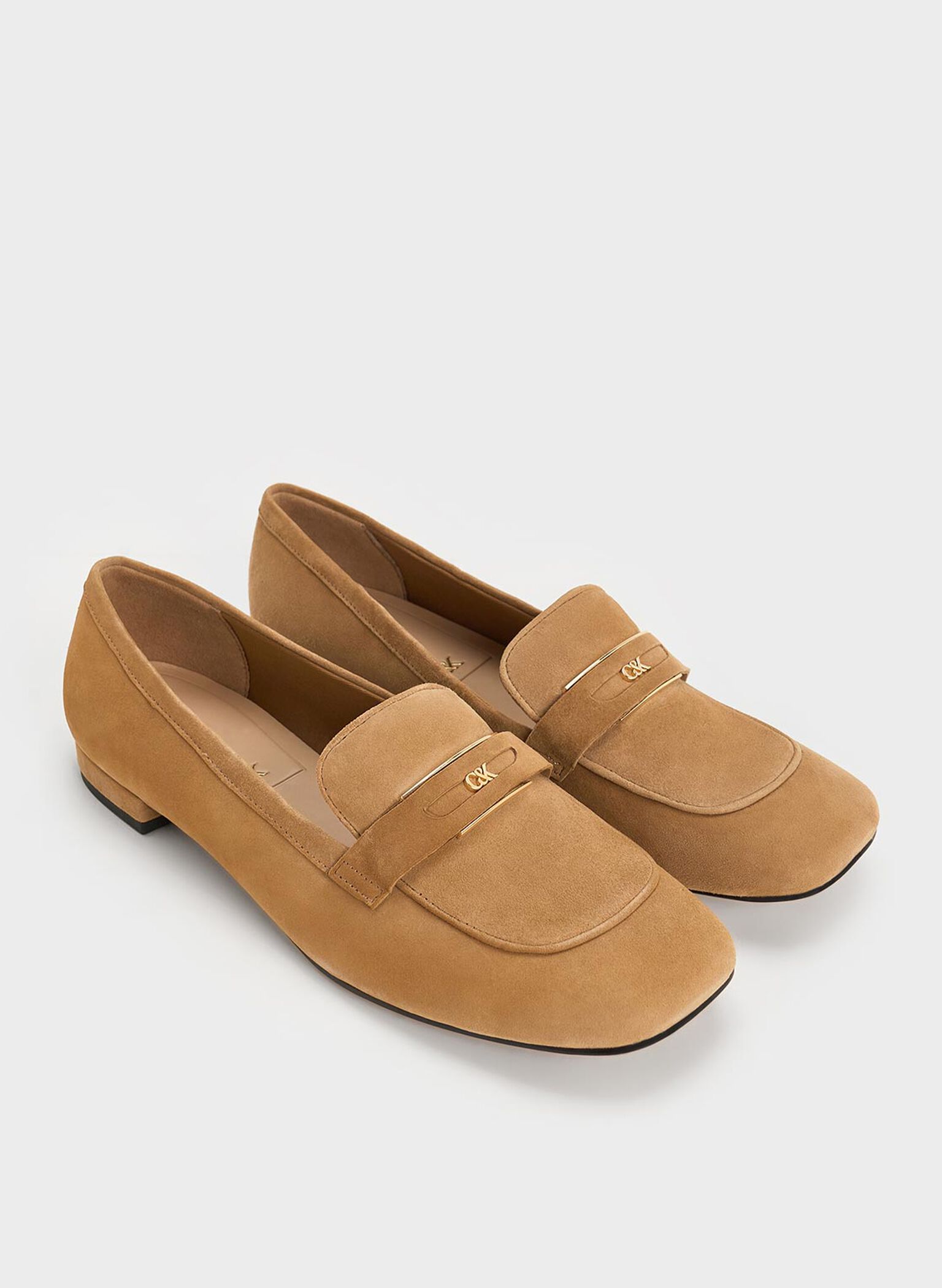 Suede Penny Square-Toe Loafers, Caramel, hi-res