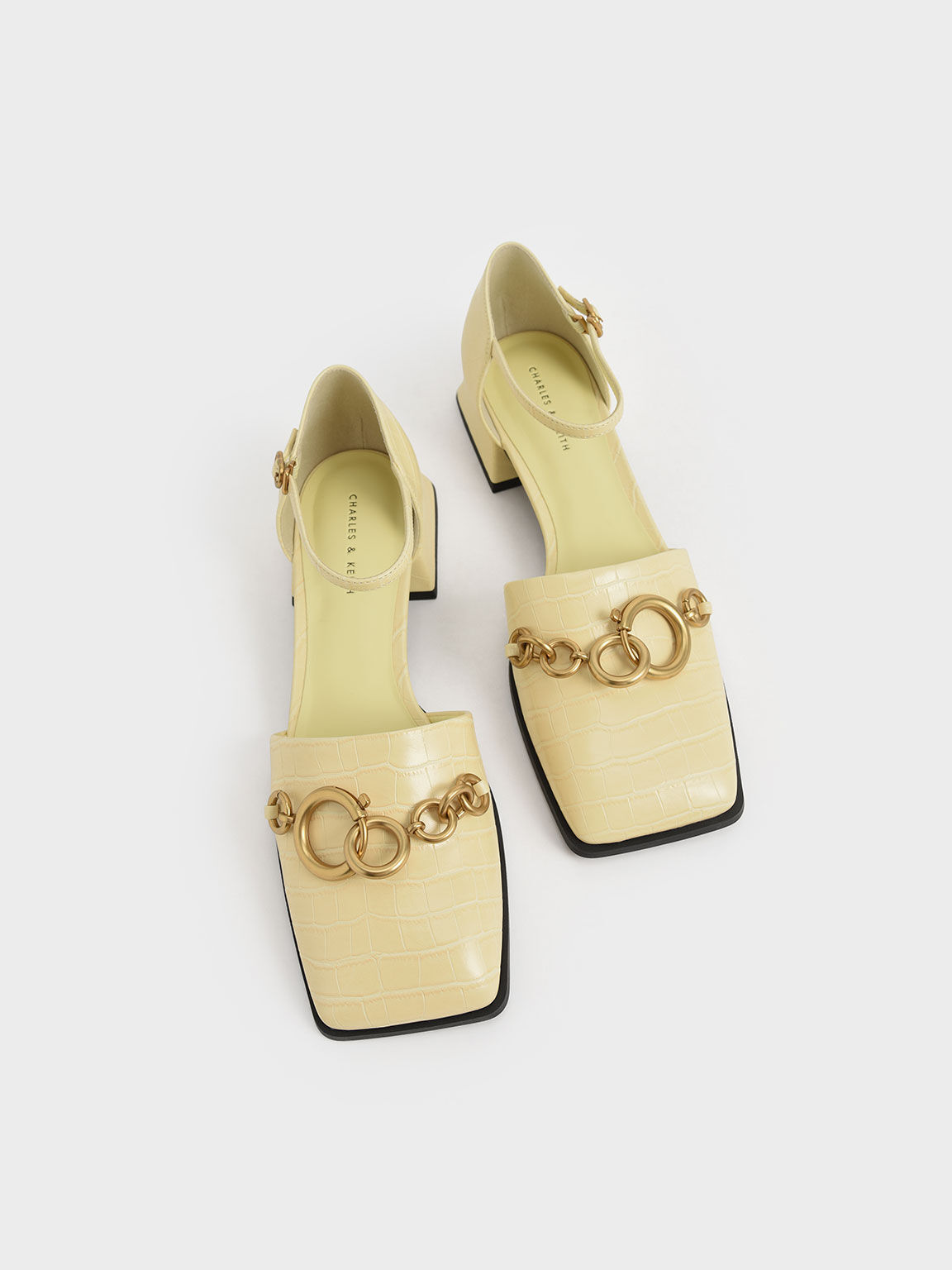 Croc-Effect Chain-Link Square-Toe Pumps, Animal Print Yellow, hi-res