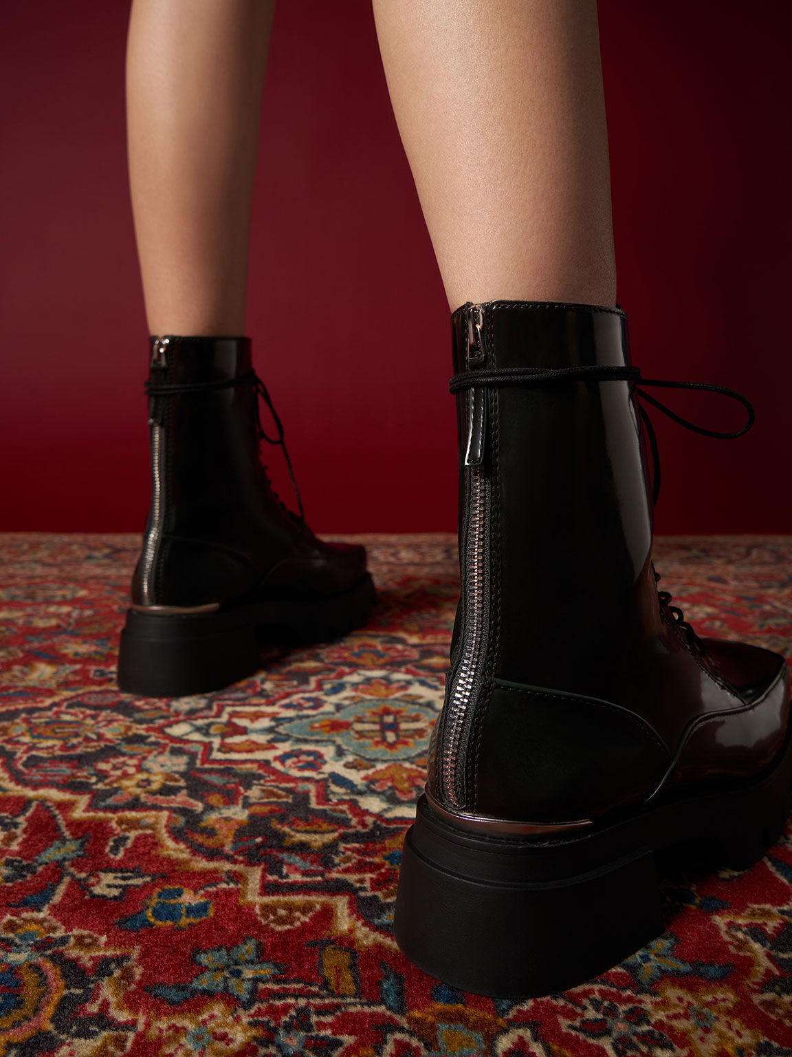 Botas de becerro con plataforma y cordones, Verde oscuro, hi-res