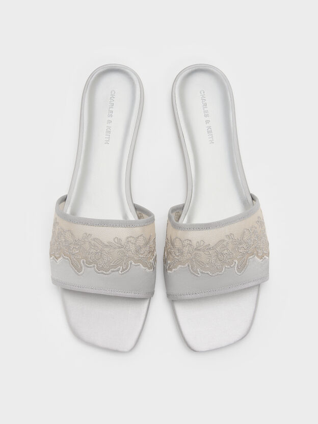 Satin Embroidered-Mesh Slide Sandals, Silver, hi-res