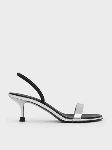 Metallic Strap Kitten-Heel Slingback Pumps, Silver, hi-res