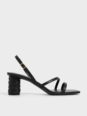 Strappy Cylindrical Heel Sandals, Black, hi-res