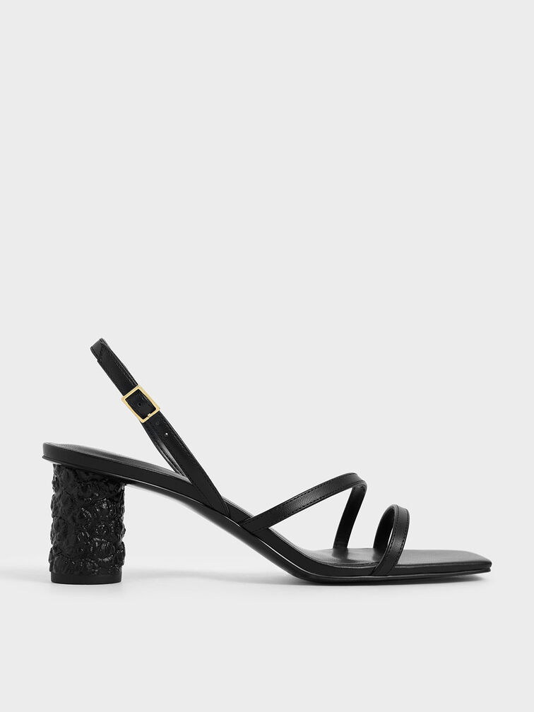 Strappy Cylindrical Heel Sandals, Black, hi-res