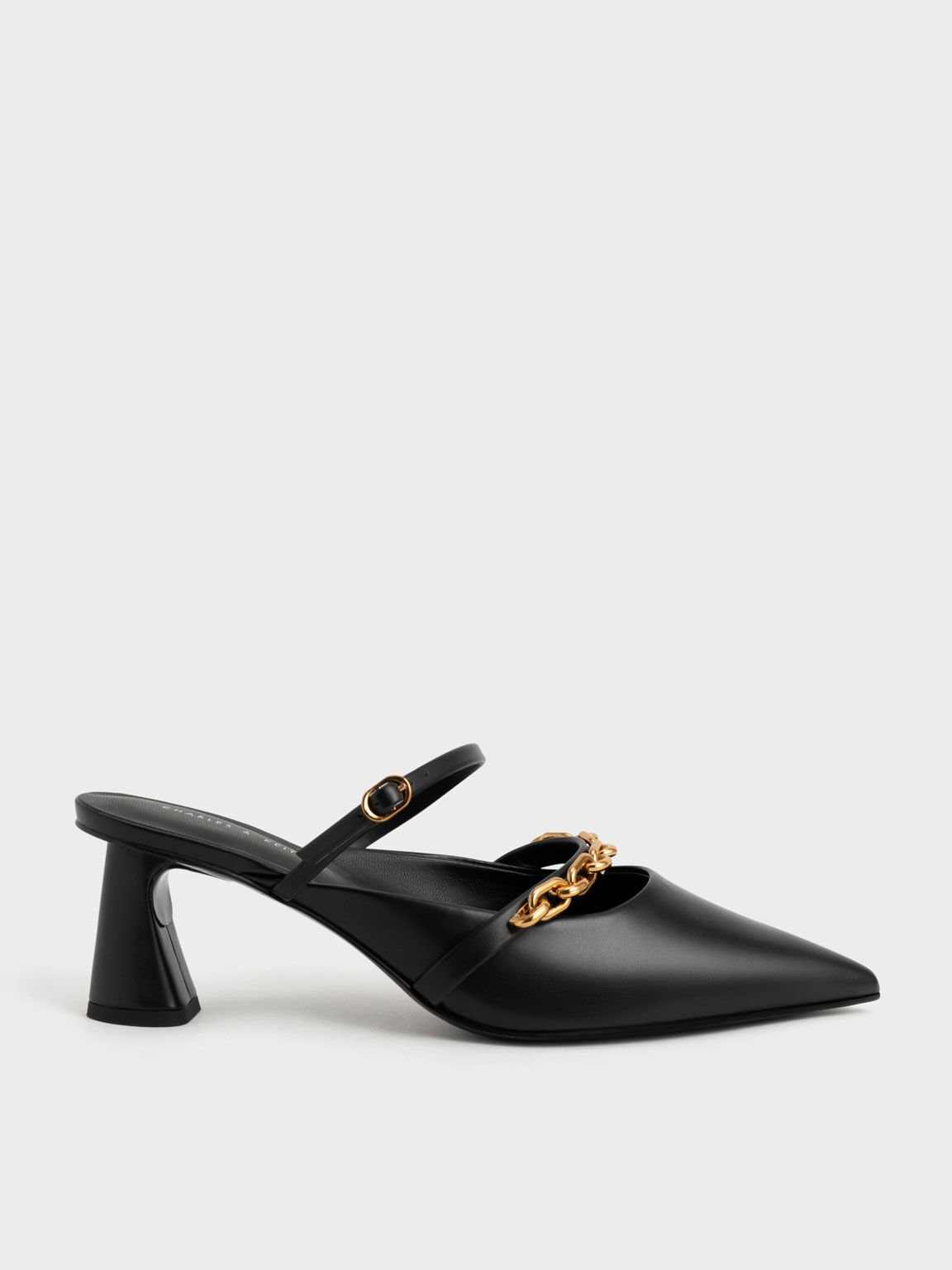 Chain-Link Trapeze Heel Mules, Black, hi-res