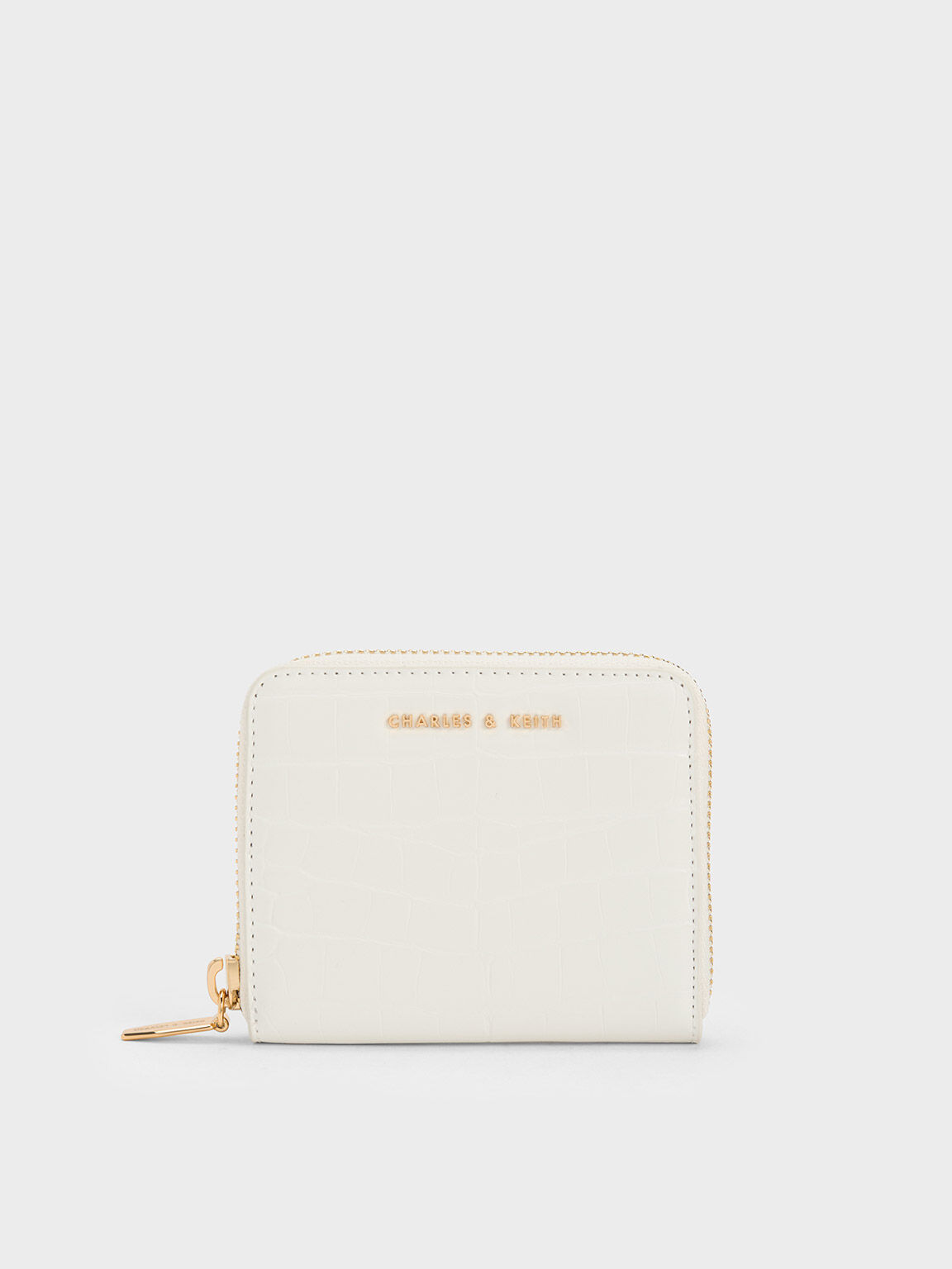 Croc-Effect Small Zip-Around Wallet, Cream, hi-res