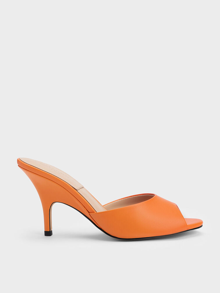 Leather Round-Toe Heeled Mules, Orange, hi-res