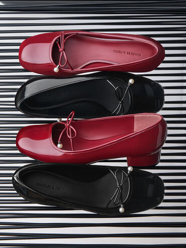 Barbara Patent Pearl-Bow Ballet Pumps, Red, hi-res