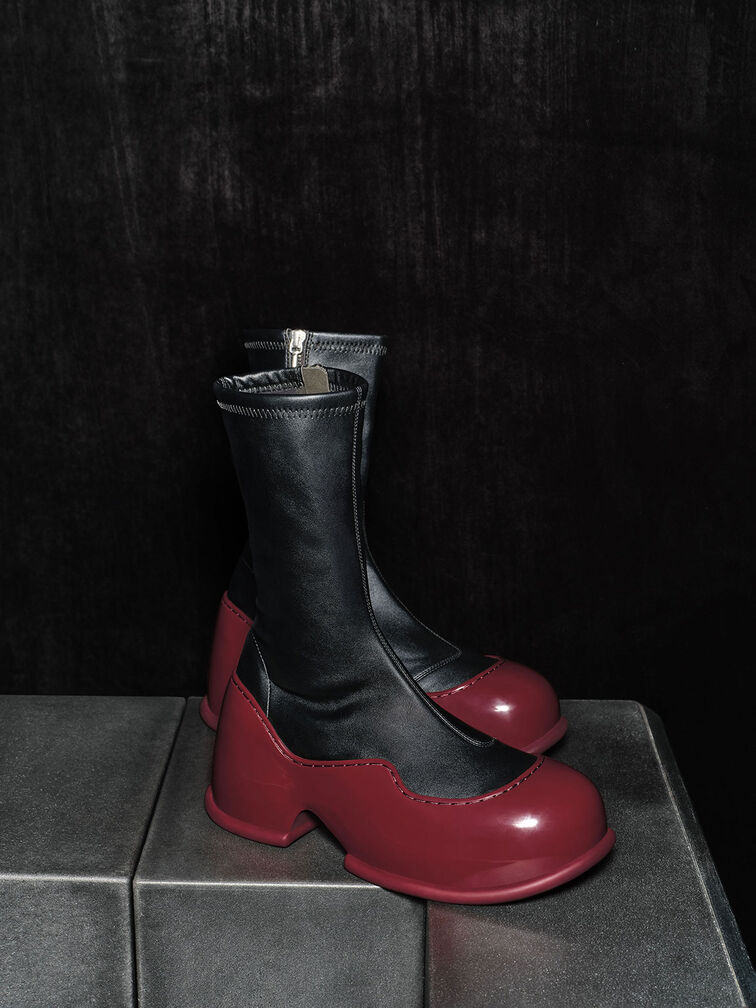 Pixie 漆皮拼接厚底靴, 紅色, hi-res