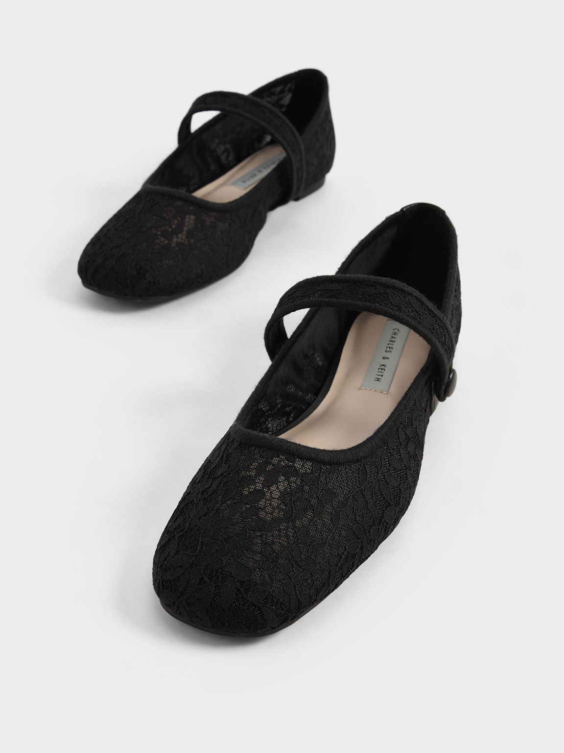 Lace & Mesh Mary Jane Ballerina Flats, Black, hi-res