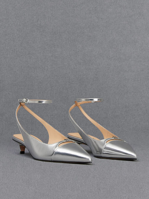 Metallic Leather Kitten-Heel Pumps, Silver, hi-res