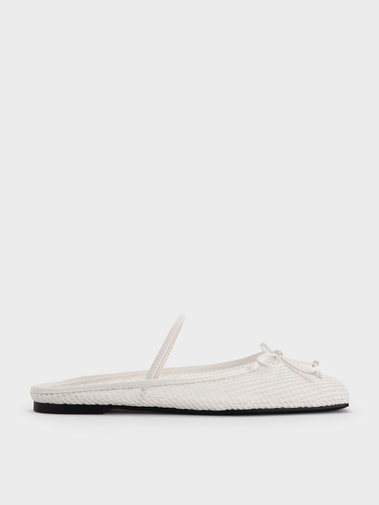 Mesh Bow Square-Toe Ballet Mules, White, hi-res