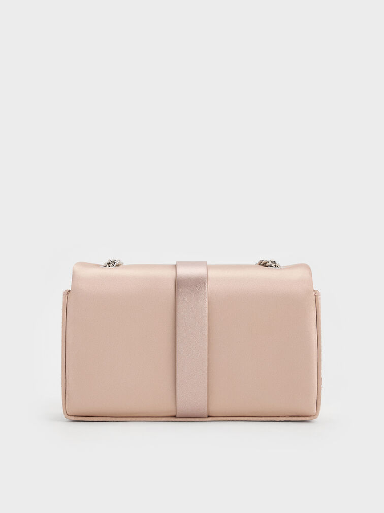 Satin Crystal-Buckle Belted Chain-Handle Bag, Sunset Nude, hi-res