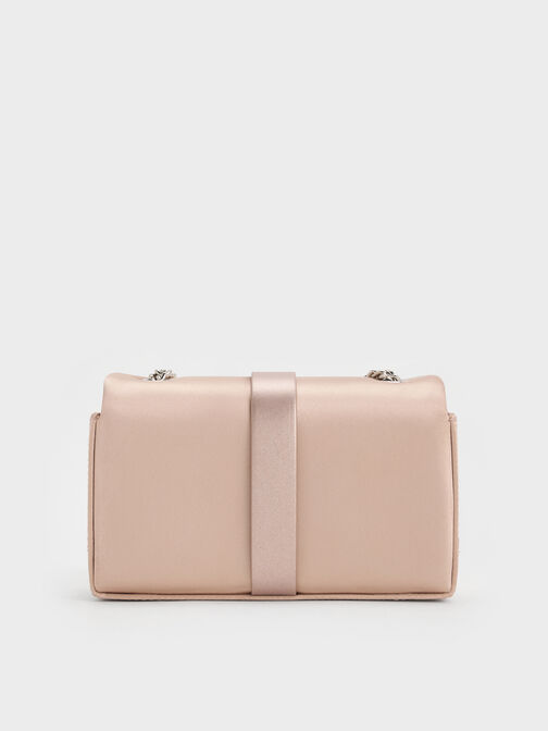 Satin Crystal-Buckle Belted Chain-Handle Bag, Sunset Nude, hi-res
