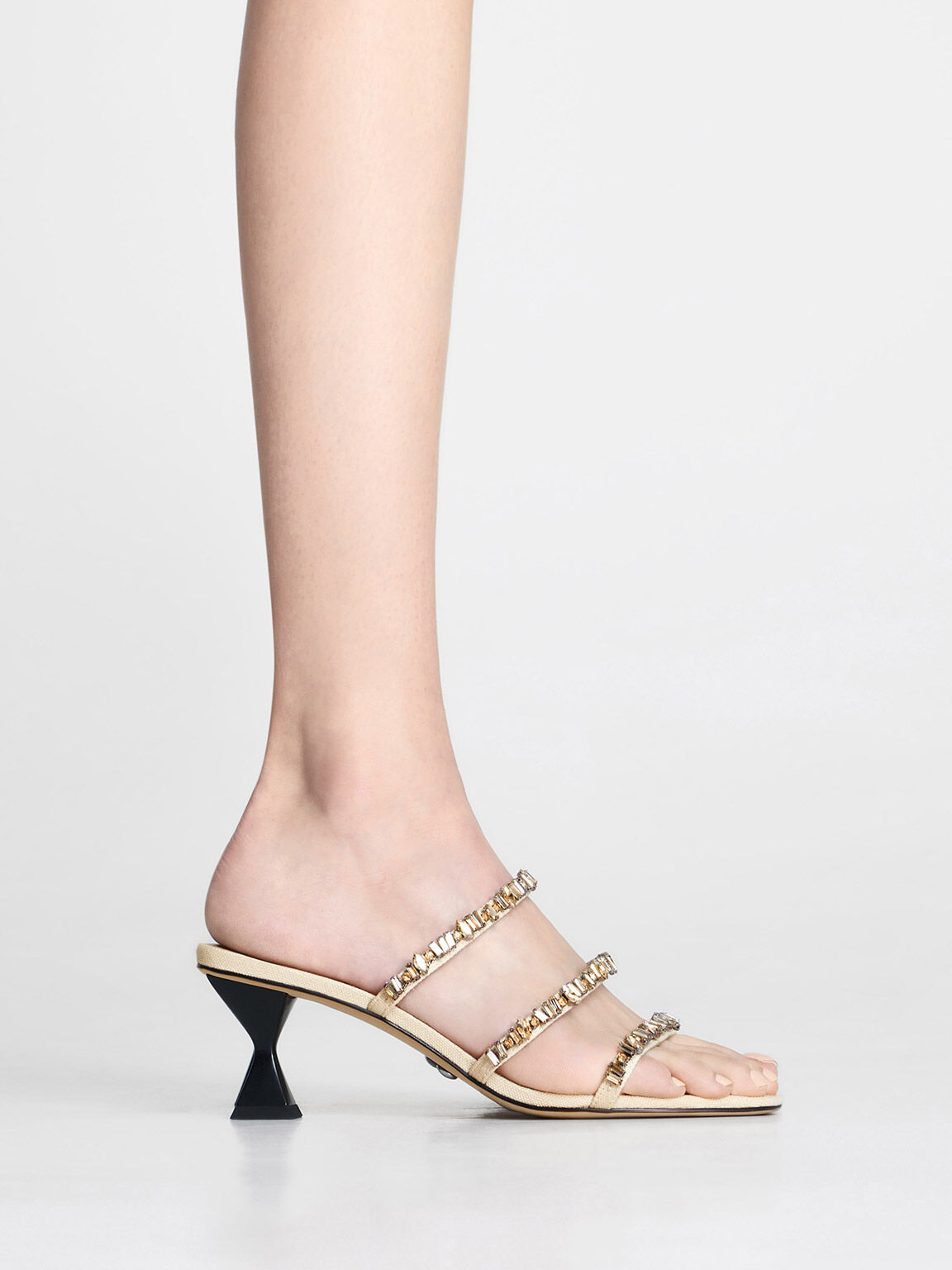 Canvas Gem-Embellished Mules, Beige, hi-res