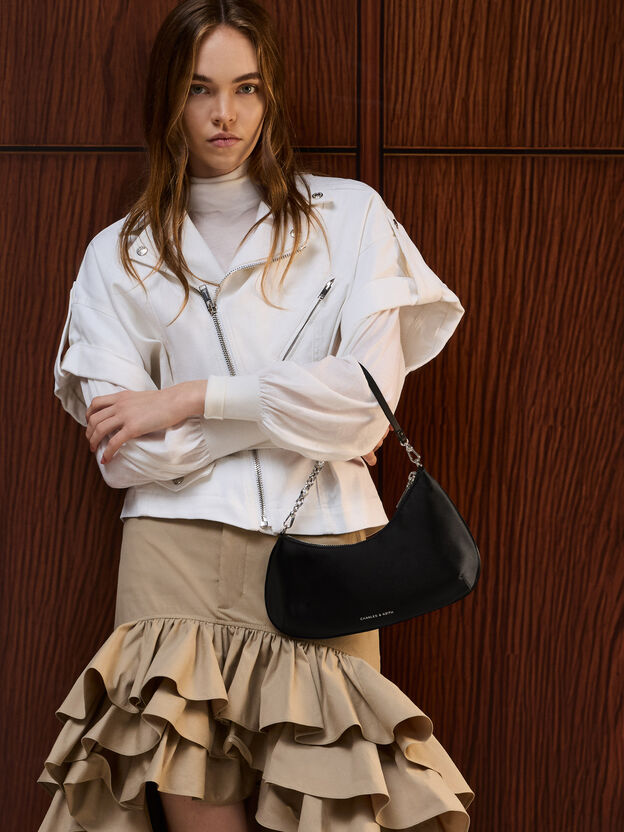Sac port&eacute; &eacute;paule asym&eacute;trique &agrave; poign&eacute;e &agrave; cha&icirc;ne en satin Dion, Noir, hi-res