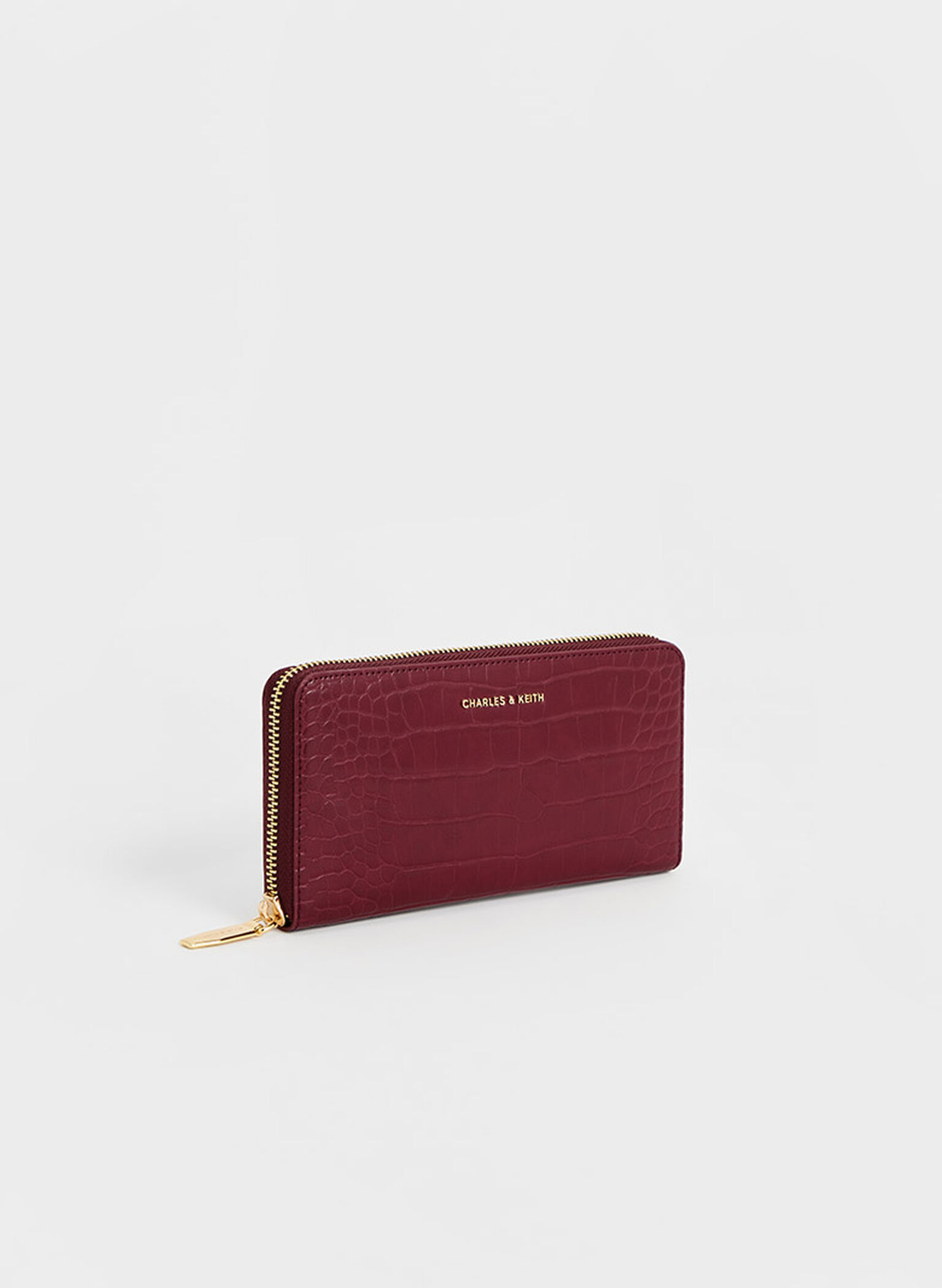 Croc-Effect Zip-Around Long Wallet, Burgundy, hi-res
