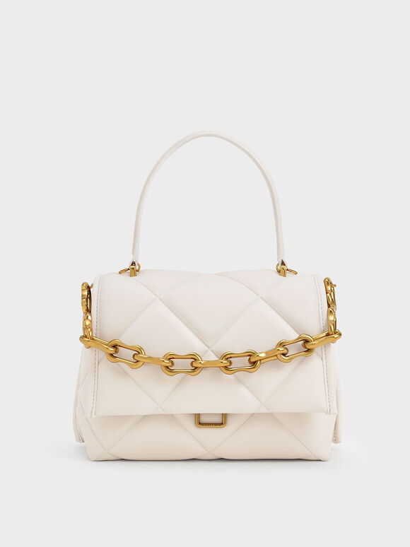 Gemma Chunky Chain Link Quilted Bag, Cream, hi-res