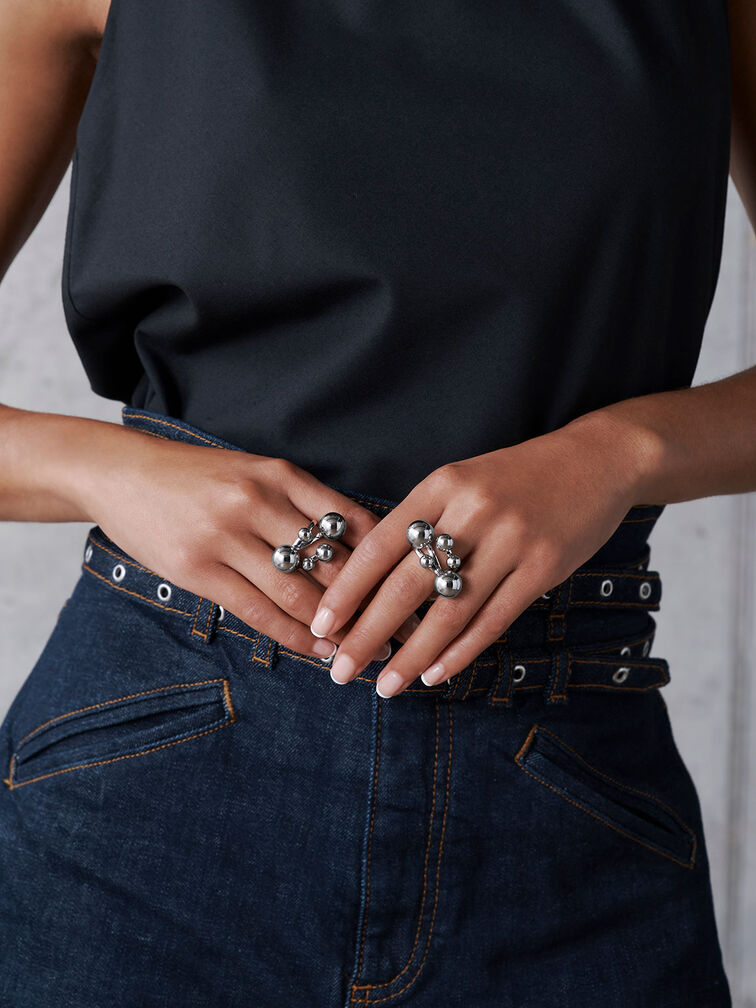 Metallic Sphere Sculptural Ring, Silver, hi-res