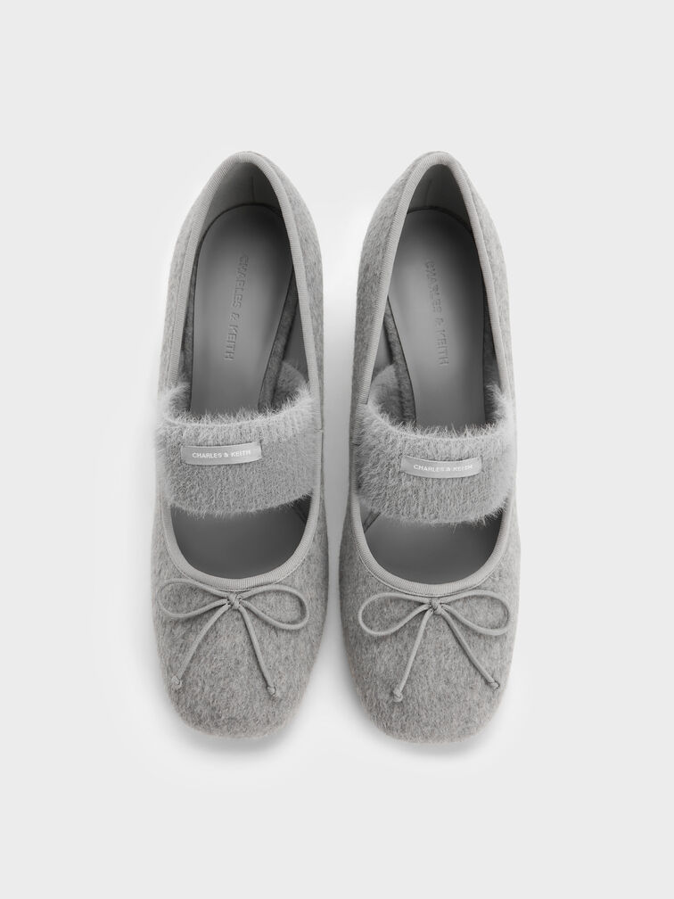 Winona Felt Bow Furry-Strap Mary Jane Pumps, Light Grey, hi-res