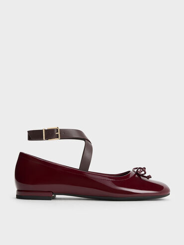 Margot Patent Crossover-Strap Ballerinas, Maroon, hi-res